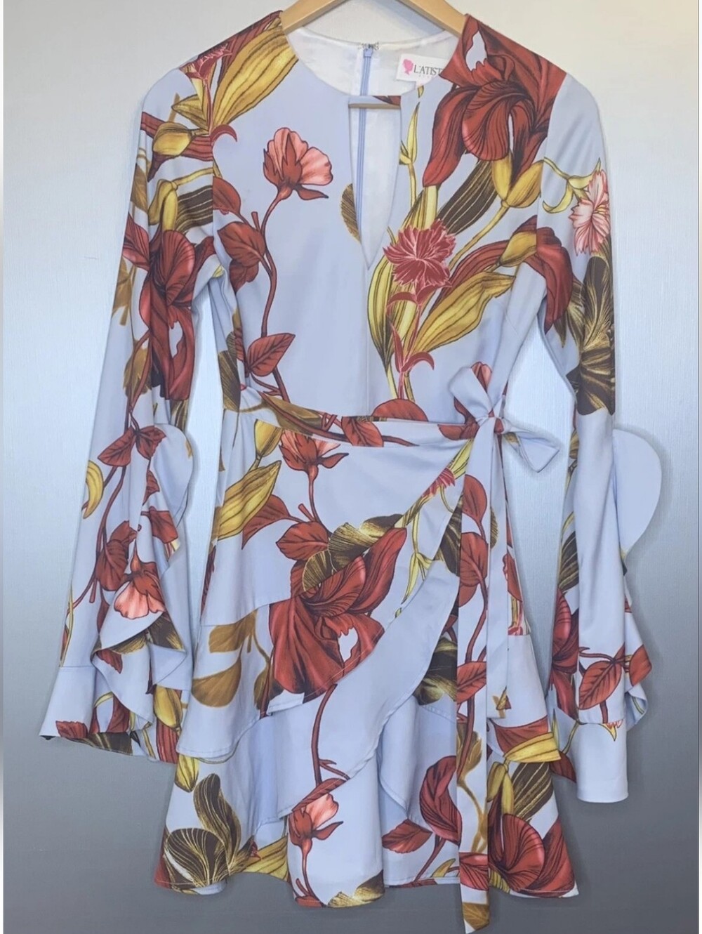 L'ATISTE White Wrap Dress with Rust & Mustard Floral Print